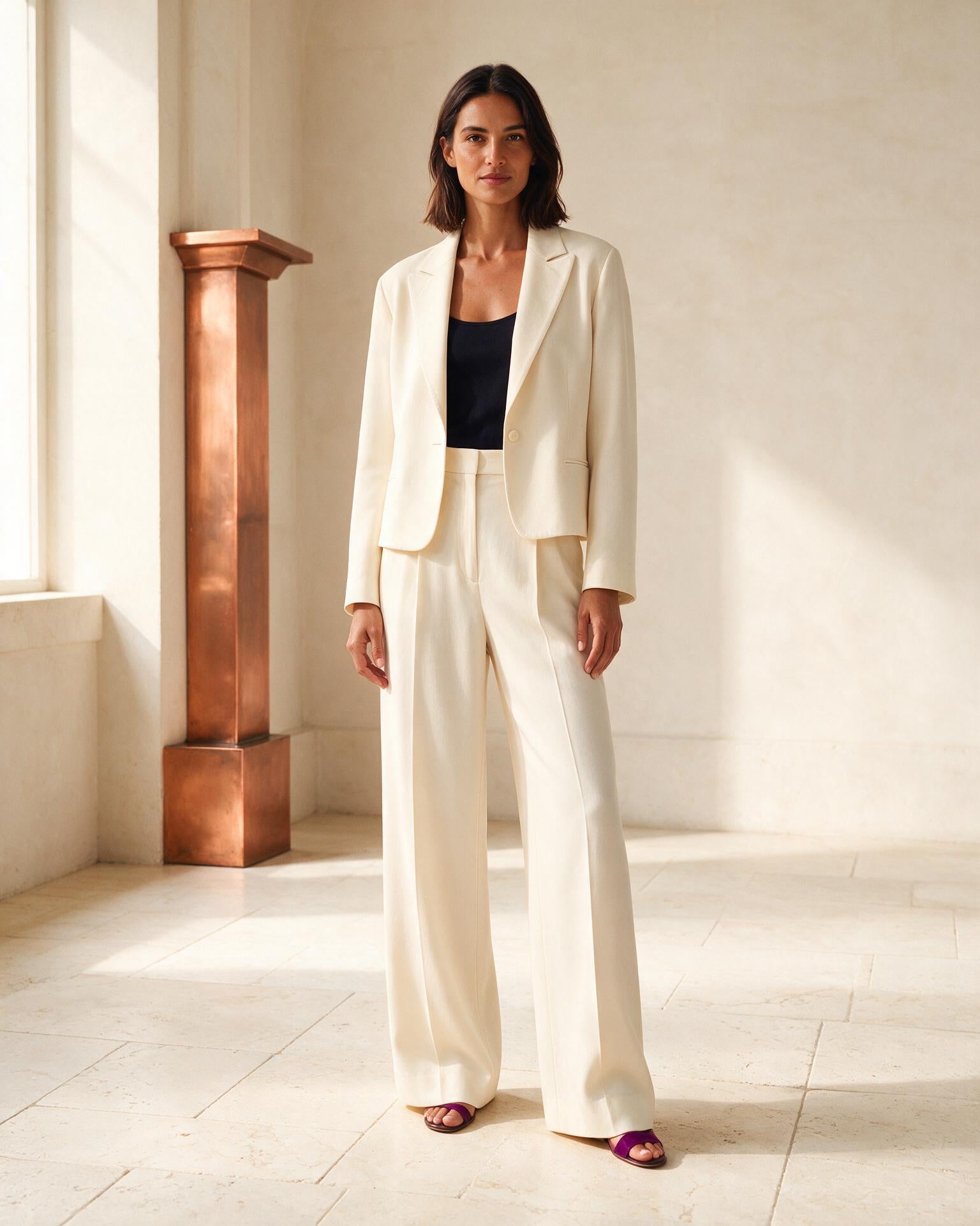 Modelo usando conjunto de alfaiataria marfim com blazer e calça ampla