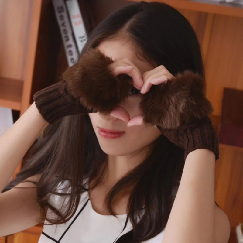 Faux Fur Fingerless Winter Gloves Hand Warmer