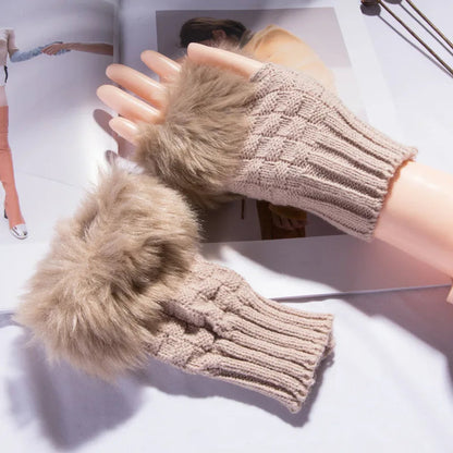 Faux Fur Fingerless Winter Gloves Hand Warmer