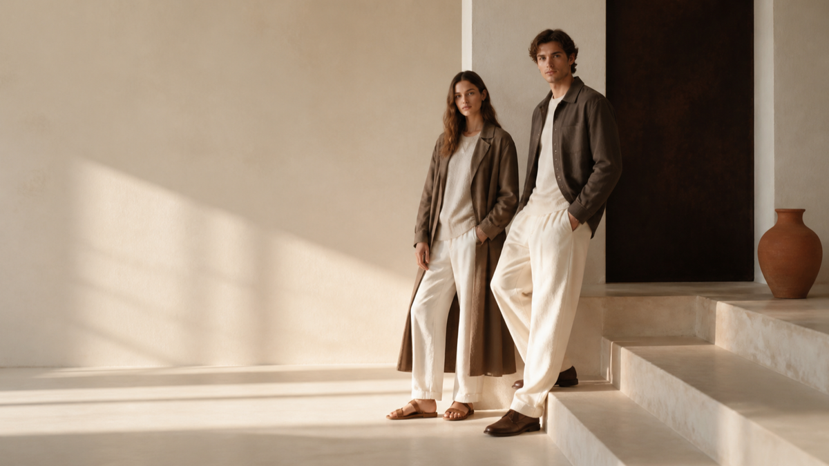 Vireluno editorial fashion scene in warm neutral tones