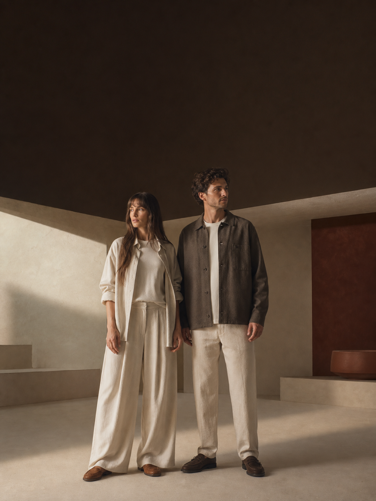 Vireluno editorial fashion scene in warm neutral tones for mobile