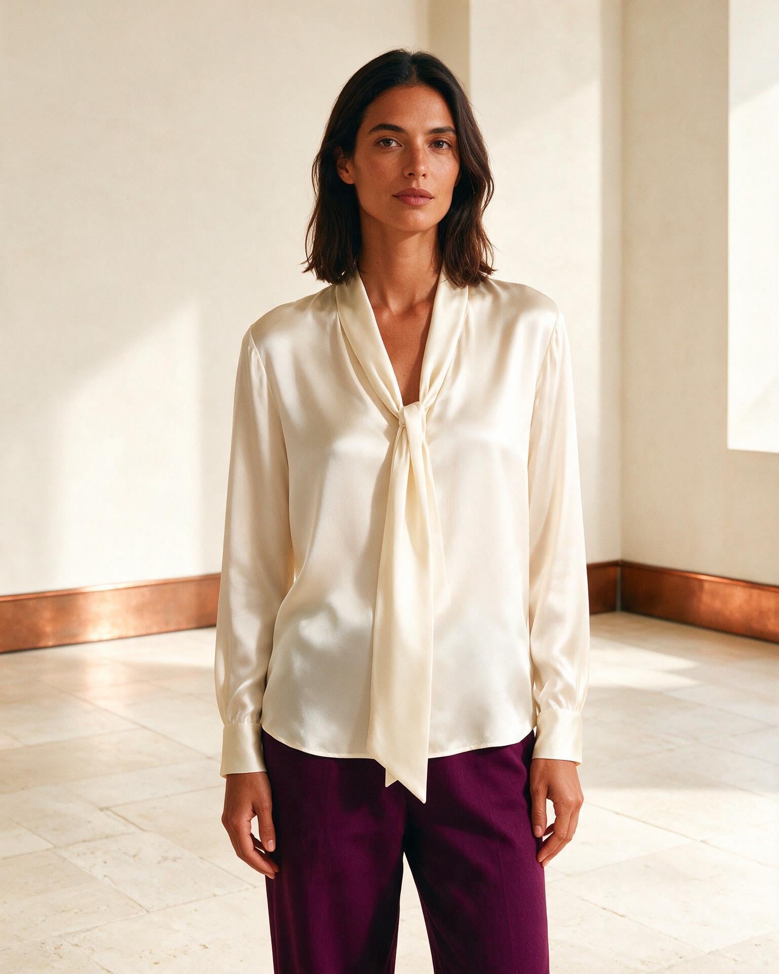 Modelo usando blusa acetinada marfim com gola fluida